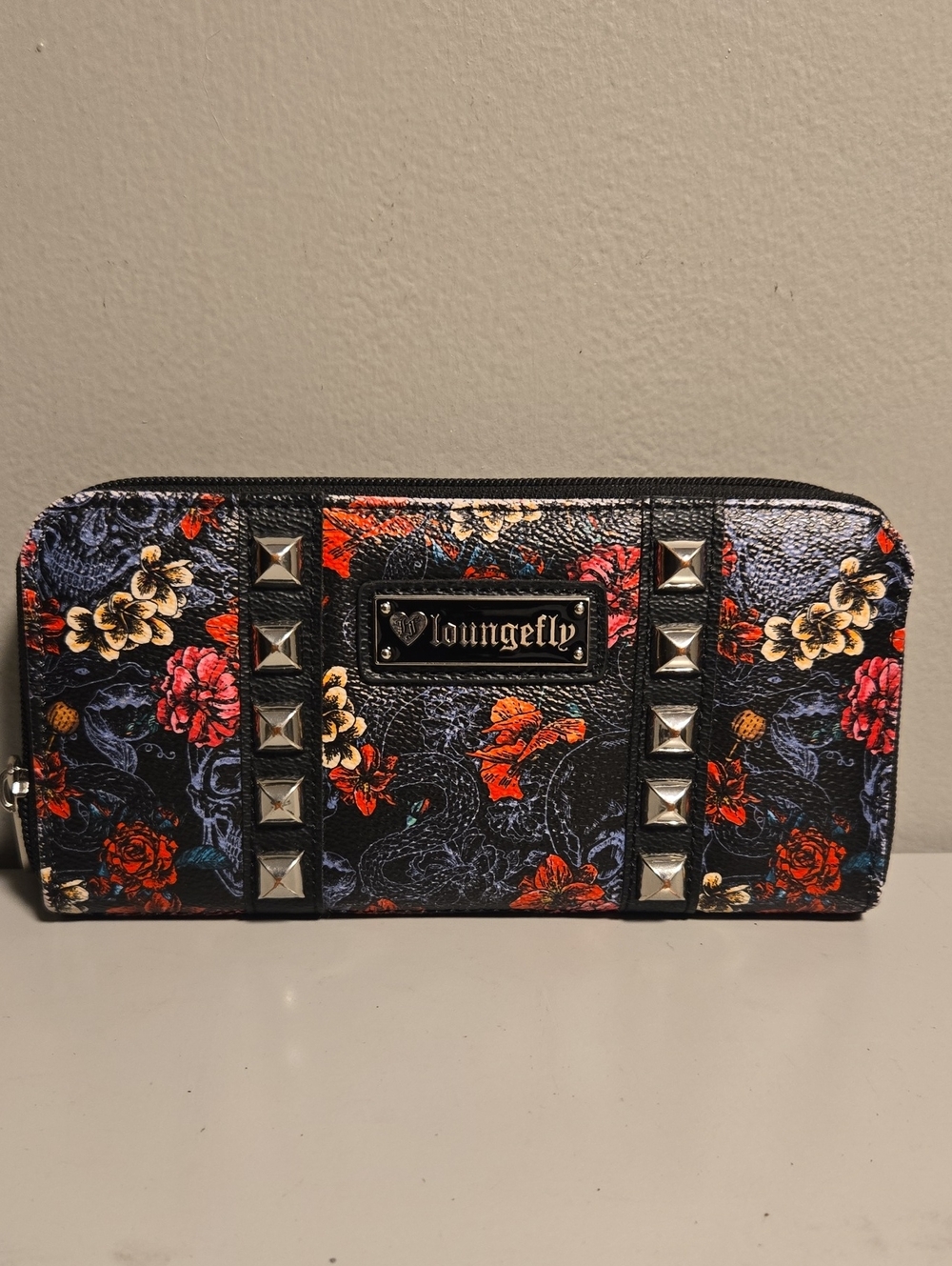 Loungefly Black Floral Studded Zip-Around Wallet with Red & Cream Blooms
